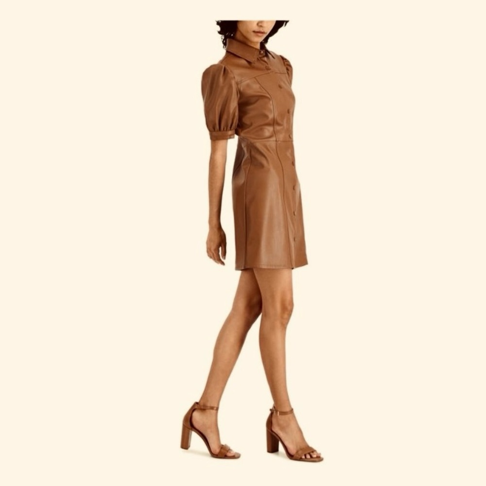 Vegan Leather Brown Puff Sleeve Snap Up Mini Dress